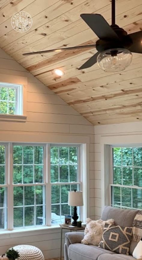 White Wood Shiplap Wall, Shiplap In Cabin, Shiplap Porch Walls, Wood Ceilings Farmhouse, Light Wood Shiplap Wall, Wood Ceiling Shiplap Walls, All Shiplap House, Shiplap Cabin Interior, Shiplap Cottage Interiors