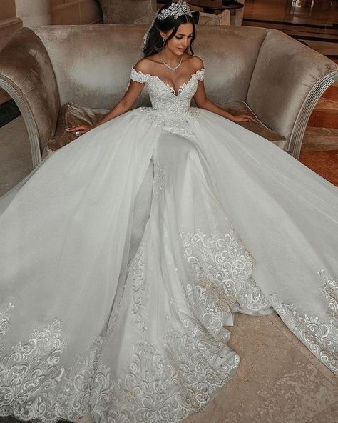 Ball Gown Wedding Dresses Fit For A Queen ★ ball gown wedding dresses off the shoulder sweetheart strapless neckline lace saiid 2 In 1 Wedding Dress, Detachable Train Wedding Dress, Elegant Wedding Gown, Detachable Train, Gown Style, فستان سهرة, Lace Corset, Tulle Lace, Beaded Lace