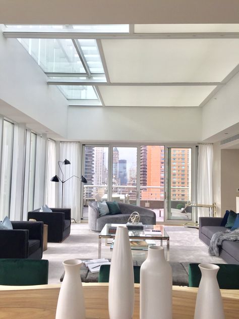 New York City Motorized SKylights Curtains For Skylights Window, Sky Light Blinds, Living Room With Skylights, Office With Skylight, Skylight Curtain, Wood Window Trim, Skylight Shade, Douglas Wood, Skylight Design