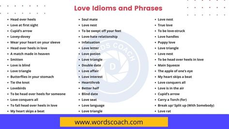 List of useful love idioms in English with meaning and examples. Learn common phrases and idioms about love in English to improve your vocabulary and help your English sound more like a native speaker. Idioms About Love, Love Idioms, Idioms In English, Pale Skin Beauty, English Sounds, Triangle Love, Native Speaker, Soul Mate Love, Improve Your Vocabulary