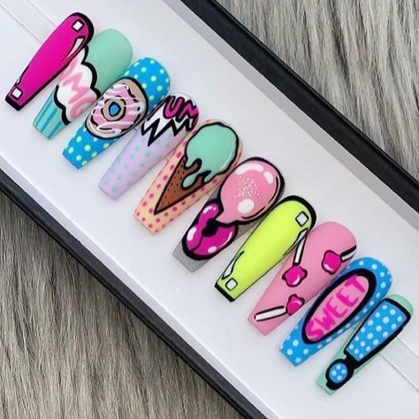 Nail Designs For Summer 2023, Candy Nail Art, Nail Designs For Summer, Pop Art Nails, 2023 Nails, Crazy Nail Art, Bunny Nails, Hippie Nails, Nail Drawing