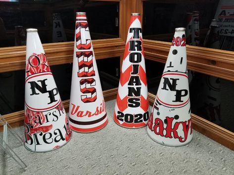 Cheerleading Megaphone Decorating Ideas, Megaphone Decorating Ideas, Cheerleading Megaphones, Cheer Megaphone, Senior Stuff, Cheerleading, Decorating Ideas