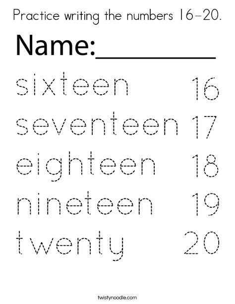 Practice writing the numbers 16-20 Coloring Page - Twisty Noodle Number Words Worksheets, Numbers Worksheets, Twisty Noodle, Preschool Units, Sorting Games, Learning Worksheets, Practice Writing, Number Words, Math Numbers