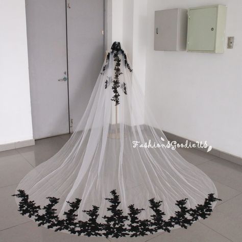 Vintage Black Flower Wedding Veil Fabric: Soft Tulle Length shown in pictures: 118'' cathedral length Any length is available, if you need custom length, please contact me. Width:  If veil length is 118'' or longer than 118'', width is 118''.  If veil length is under 118'', you can contact me to check the exact length If you need other width, you can contact me, we can make custom width. Color Shown in pictures: Ivory Colors Option: Ivory/ White/ Beige/ Champagne/ Custom Color There is a blue tint to the white tulle, please pay attention to our tulle color card. Tulle Color can be customized, lace color just has the picture color.  CUSTOM: We can make custom veil, custom width, add lace, reduce lace, change to cape style, add pearls, add rhinestones, add blusher...  If you are interested i Black Flower Wedding, Wedding Veil Black, Gothic Veil, Vow Renewal Dress, Veil Black, Black Lace Wedding, Lace Wedding Veil, Veil Length, Lace Cape