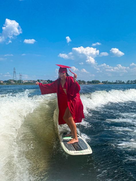 Wake Surfing Graduation Pictures, Wake Surfing Senior Pictures, Wakeboarding Senior Pictures, Surfing Graduation Pictures, Surfing Senior Pictures, Wake Surfing Aesthetic, Wakesurfing Aesthetic, Fun Graduation Pictures, Wake Surfing