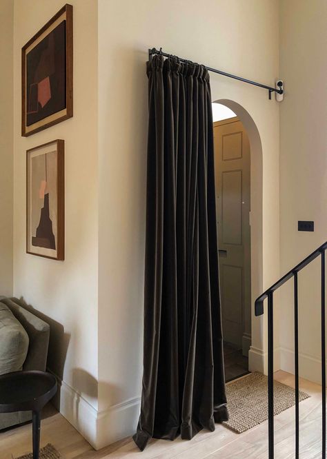 Velvet Door Curtain – The Hackney Draper Contemporary Door, Attic Design, Upholstery Diy, Highland Homes, Window Dressings, Curtains Blinds, Door Curtain, Velvet Curtains, Upholstery Fabrics