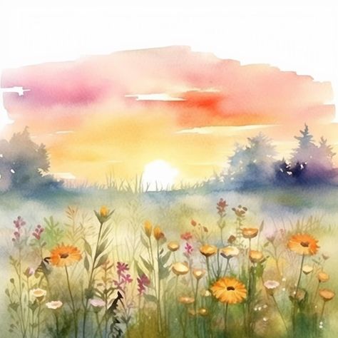 Field Of Flowers Watercolor Painting, Wall Art Flowers Paint, Meadow Tattoo Fields, Watercolour Field Of Flowers, Watercolour Meadow Flowers, Spring Watercolour Ideas, Spring Painting Watercolor, Wildflowers Watercolor Painting, Watercolor Meadow Flowers