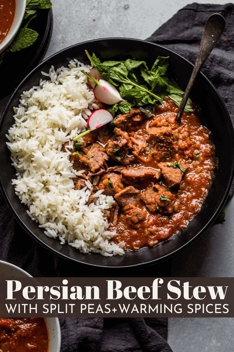 This Instant Pot Persian Beef Stew is a delicious, hearty stew made with split peas and savory spices. Your electric pressure cooker makes the beef extra tender in just a short amount of time. Persian Lamb Stew, Dinner Ideas Instapot, Persian Beef Stew, University Meals, Persian Beef, Persian Dinner, Persian Stew, Instant Pot Beef Stew, Fall Dinner Ideas