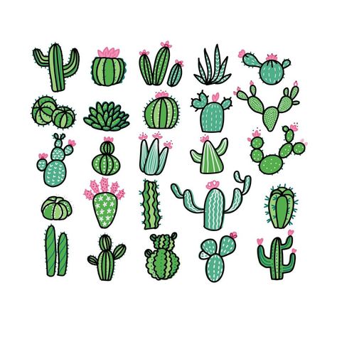 conjunto de plantas de cactus. vector colorido dibujado a mano ilustración de boceto de contorno aislado sobre fondo blanco. cactus sin macetas. Simple Cactus Line Art, Cactus Drawing Easy, Cacti Drawing Simple, Cactus Painting Ideas, Cute Cactus Drawing, Cactus Drawings, Cactus Vector, Cactus Clipart, Cactus Tattoo