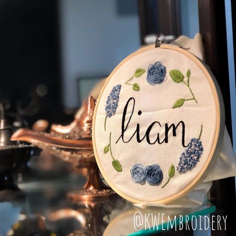 Krista Wilson Embroidery on Instagram: “Liam . . An old friend of my had a baby boy recently and the name was just too cute! I adopted the style I did for my baby niece about…” Baby Niece, Having A Baby Boy, Name Embroidery, Too Cute, Having A Baby, My Baby, Old Friends, Style Me, Adoption