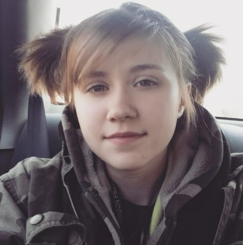 #pixie #redhead #innocent #pigtails #puppyears #camo #sweet Tiny Pigtails Hair, Spikey Pigtail, Pixie Pigtails, Short Pigtails With Bangs, Teased Pigtails, Pixie Redhead, Spiky Pigtails, Punk Pigtails, Pigtails Aesthetic