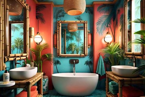 Bathroom Tropical Design, Parisian Style Bathroom, Tropical Bathroom Ideas, Bathroom Theme Ideas, Bohemian Bathroom Ideas, Art Nouveau Bathroom, Popular Bathroom Designs, Ornate Mirrors, Art Deco Bathrooms