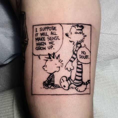 Calvin And Hobbes Tattoo, Calvin And Hobbes Wallpaper, Matching Tattoos For Siblings, Tattoos 2024, Artsy Tattoos, Tiny Tats, Calvin And Hobbes Comics, M Tattoos, Hidden Tattoos