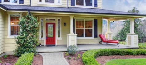 You don't get a second chance to make a first impression -- that's so true in real estate. Here are 5 quick ways to improve curb appeal in 2016. Yellow House Exterior, Classic American Home, Small House Exterior, Shutter Colors, Red Front Door, Black Shutters, Blue Shutters, Yellow House, Outdoor Tv