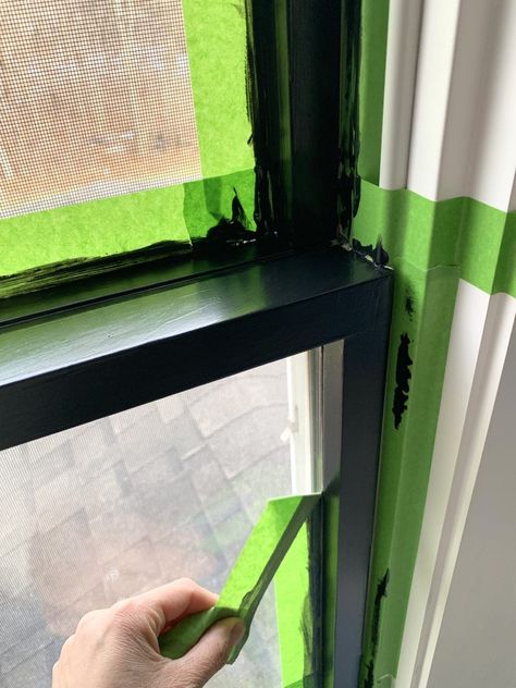 Painting Vinyl Windows, Painted Window Panes, Painted Window Frames, Black Window Trims, Landscape Mural, Black Window Frames, Window Panes, Painted Vinyl, White Drapes