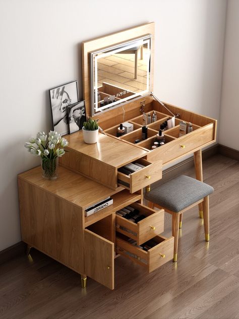 Vanity Ideas Storage, Makeup Table Wood, Wooden Makeup Table In Bedroom, Vanity Table Wood Modern, Dresing Tebal Design Modern Wood, Wooden Makeup Table, Makeup Table Oak, Wooden Wardrobe Ideas, Wardrobe Bedroom