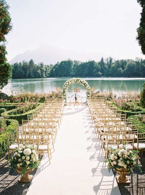 Ceremony setup for a Blessing Ceremony at Schloss Leopoldskron Salzburg  Destination Wedding Planning and Design Daniela Kainz https://weddingplannersalzburg.com/  Pictures @ashleyludaescher.com Outside Wedding Ceremonies, Austrian Wedding, Waterfront Wedding Ceremony, Wedding Aisle Outdoor, Wedding Ceremony Setup, Wedding Isles, Floral Arch Wedding, Garden Weddings Ceremony, Wedding Ceremony Arch