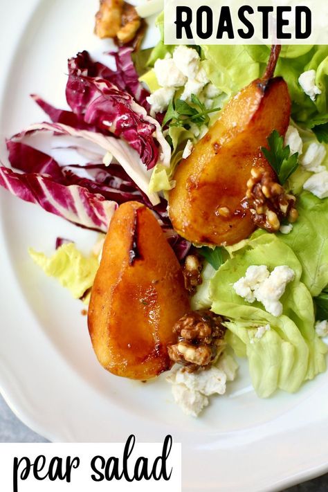 a plate of salad with  a pear and text overlay. Bacon Side Dishes, Roasted Pear Salad, Classic Potato Salad, Green Beans With Bacon, Roasted Pear, Radicchio Salad, Roasted Apples, Pear Salad, Goat Cheese Salad