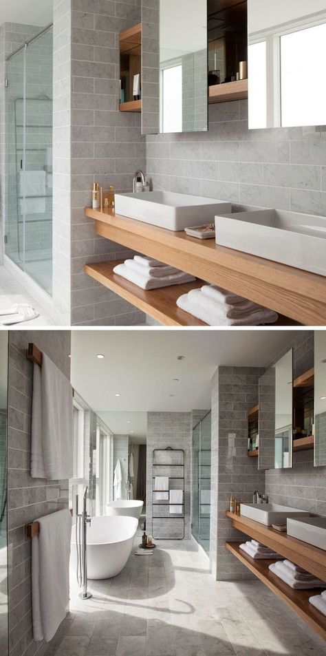 15 Examples Of Bathroom Vanities That Have Open Shelving // This vanity features multiple sinks and a second floating piece of wood that creates a row of exposed shelving. Paper Person, Narrow Bathroom Vanities, 30 Inch Bathroom Vanity, Minimal Bathroom, Bathroom Vanities Without Tops, Bathroom Tall Cabinet, Narrow Bathroom, Wood Bathroom Vanity, Bad Inspiration