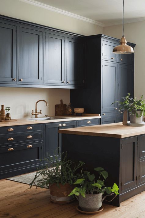 Japandi Kitchen: Dark and Moody Elegance - Modern Elegance Grey Blue Cabinets Kitchen, Grey Blue Cabinets, Light Wood Countertops, Blue Cabinets Kitchen, Indigo Kitchen, Japandi Apartment, Japandi Bedroom Design, Japandi Kitchen, Kitchen Dark