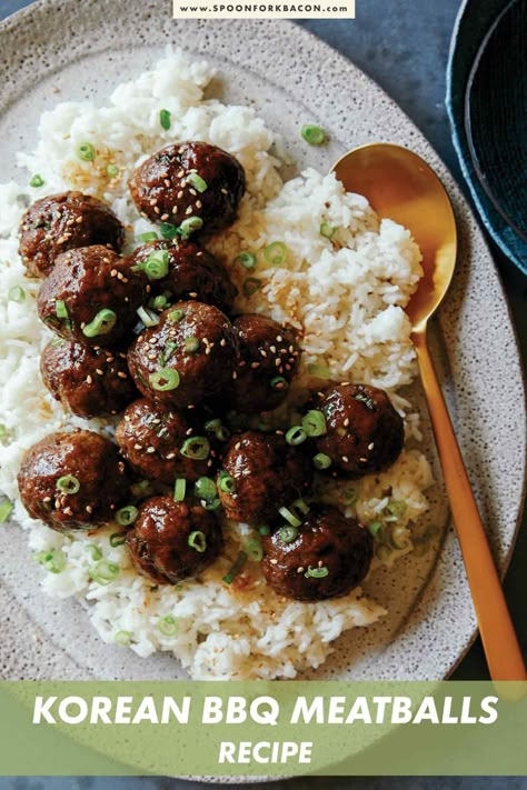 Meatballs Over Rice, Korean Bbq Meatballs, Mexican Beef Recipes, Korean Meatballs, Leftover Rice Recipes, Meatball Appetizer Recipe, Spoon Fork Bacon, Cocktail Meatballs, Bbq Meatballs