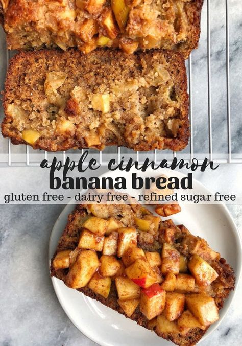 Healthy Apple Cinnamon Bread — a cross between moist apple cake and banana bread. Made with a mixture of gluten free flour, honey, and juicy apples. The perfect healthy fall recipe! #healthyfallrecipe #bananabread #applebread Apple Banana Bread, Moist Apple Cake, Apple Cinnamon Bread, Gluten Free Banana Bread, Fall Recipes Healthy, Baked Treats, Fall Recipe, Gluten Free Banana, Brunch Time