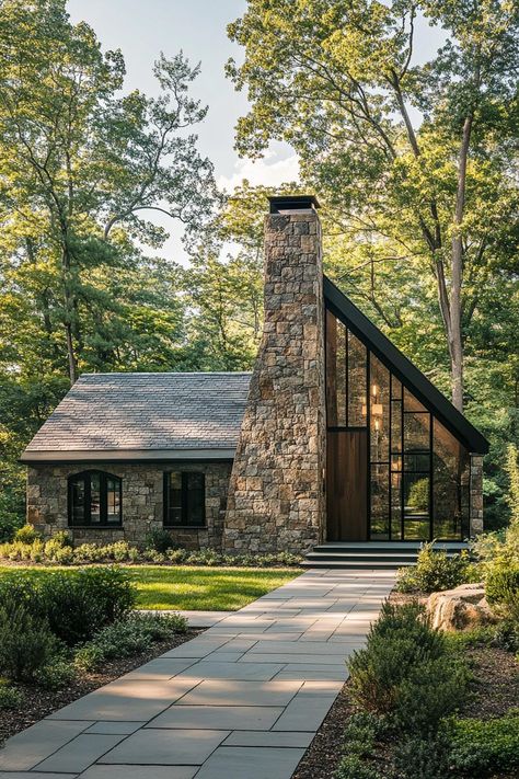 Stone And Wood House Exterior Modern, Mountain Home Design Exterior, Small Rustic House Exterior, Stone Houses Exterior, Rustic Modern Home Exterior, Forest House Architecture, Cabin House Exterior, Stone Wood House, Mountain Cottage Exterior