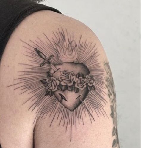 Immaculate Heart Of Mary Tattoo Design, Sacred Heart Mary Tattoo, Virgin Mary Heart Tattoo, Sacred Heart With Flowers, Divine Heart Tattoo, Red Sacred Heart Tattoo, Mary Heart Tattoo, Sacred Heart Tattoo Fine Line, Sacred Heart Of Mary Tattoo