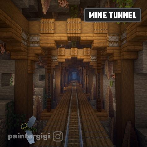 Paintergigi on Instagram: “Mining tunnel. I love having the rail system elevated about the mine floor. Follow to see more builds 😊 #minecraft #minecraftdesign…” Mineshaft Design Minecraft, Mc Tunnel Ideas, Mineshaft Ideas Minecraft, Minecraft Abandoned Mineshaft, Minecraft Rail System, Minecraft Underground Mine, Minecraft Mineshaft Design, Tunnel Minecraft Ideas, Tunnel Design Minecraft