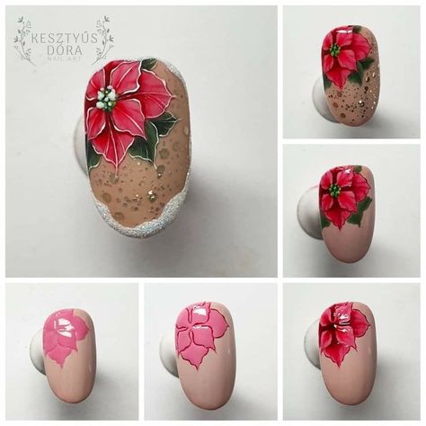 Christmas Flower Nails, Nail Art Fleur, Nail Art Noel, New Nail Art Design, Nail Drawing, Gel Nail Art Designs, Perfect Manicure, Nail Art Techniques, Christmas Gel Nails