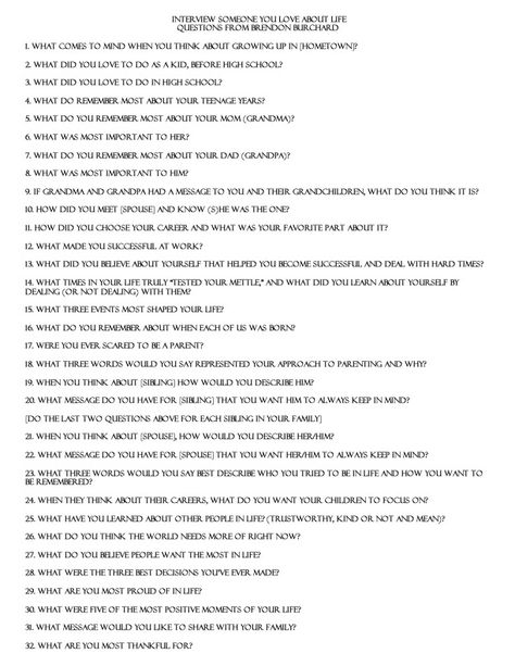 INTERVIEW SOMEONE YOU LOVE ABOUT LIFE Questions from Brendon Burchard Fake Interview Questions, Shadow Work Prompts For Couples, 365 Questions, Deep Conversation Topics, Questions To Get To Know Someone, Brendon Burchard, Journal Questions, Gratitude Journal Prompts, Healing Books