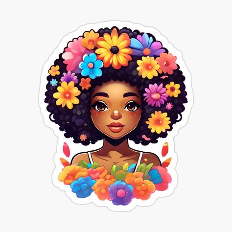 Get my art printed on awesome products. Support me at Redbubble #RBandME: https://www.redbubble.com/i/sticker/afro-girl-with-flowers-in-her-hair-by-Cosmicreations1/158784355.JCQM3?asc=u Afrogirls Stickers, Embrace Natural Beauty, Girl With Flowers, Flowers In Her Hair, Magic Powers, 3d Stickers, Afro Girl, Vibrant Flower, Girl Stickers