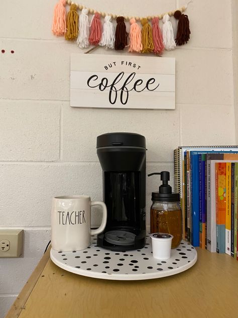 Trendy Teacher Desk, Classroom Keurig Station, Classroom Microwave Area, Teacher Desk Organization Ideas Elementary, Office Coffee Station Ideas Small Spaces, Coffee Bar Ideas For Classroom, Coffee Station Classroom, Teacher Kitchen Area In Classroom, Teacher Coffee Station In Classroom