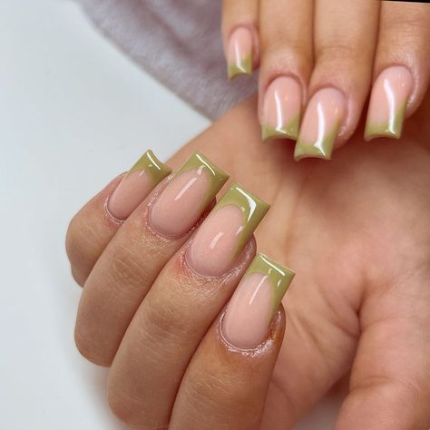 Olive Green Nails Square, Olive Green French Tip Nails Short, Olive French Nails, Olive Green Nails French Tip, Short Sage Green French Tip Nails, Olive Green And Cream Nails, Khaki French Tip Nails, Sage Green Acrylic Nails Short, Olive Green French Nails