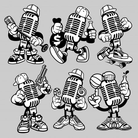 Microphone cartoon character Premium Vec... | Premium Vector #Freepik #vector #character #cartoon #microphone #gun Podcast Microphone Illustration, Hiphop Sketch, Music Character Design, Vintage Character Design, Cartoon Microphone, Retro Cartoon Characters, Logo Microphone, Microphone Illustration, Microphone Drawing