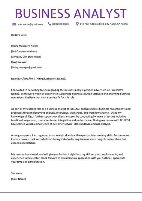 Business Analyst Cover Letter Example & Writing Tips | Resume Genius Business Letter Sample For Students, Coverletter Resume, Osho Books, Business Letter Example, Cover Letter For Internship, Motivation Letter, Resume Cover Letter Examples, Business Letter Format, Business Analyst Resume