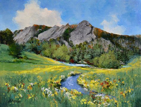 Colorado Painting Easy, Colorado Mountain Painting, Colorado Landscape Paintings, Mountain Wildflowers Painting, Colorado Mountains Painting, Colorado Painting Ideas, Colorado Drawing, Landscape Sketchbook, Colorado Painting