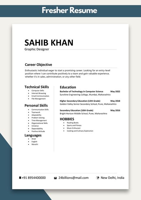 Fresher Resume Creator | Fresher Resume Maker Resume Template For Freshers, Template For Resume, Fresher Resume, Duke 200, Senior Secondary School, Design Resume, Cv Format, Resume Maker, Ktm Duke