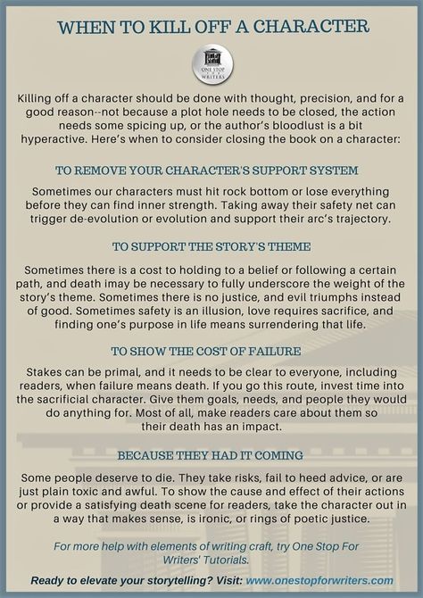 Checklists and Tip Sheets: WHEN TO KILL A CHARACTER | One Stop For Writers How To Kill Off A Character, How To Write Tension Between Characters, Characterisation Writing, Novel Writing Checklist, Ways To Kill A Character Writing, Manga Creation, Off Characters, Developing Characters In Writing, Character Checklist