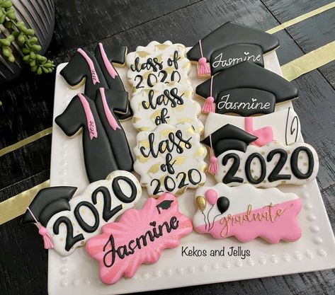 Graduation Party Cookie Ideas, Pink And Black Graduation Party, Graduation Food Ideas, Graduation Sugar Cookies, Dessert Table Graduation, Grad Cookies, Pink Graduation Party, Graduation Things, Grad Party Inspo