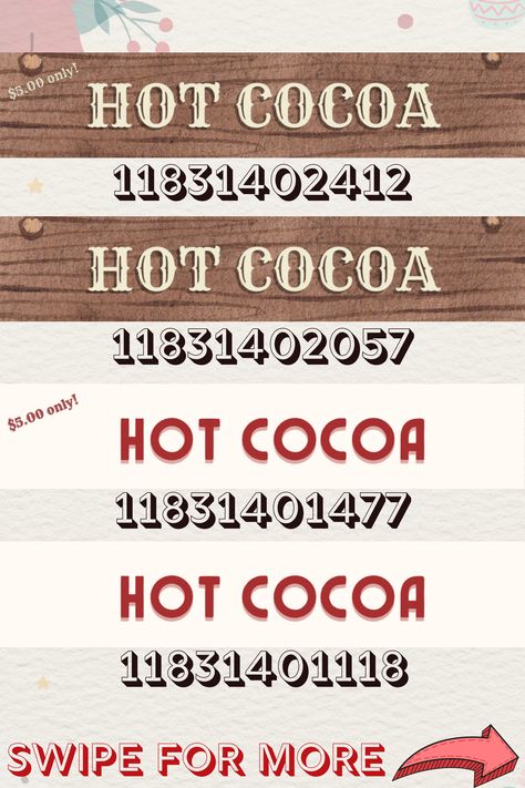 This was a request but I lost their comment and name ): Hopefully you see this! Enjoy this hot cocoa sign decal for your bloxburg cocoa stand! Any requests? Let me know through dms or comments! #roblox #bloxburg #decals #bloxburgdecals #bloxburghotcocoa #bloxburgchristmas #robloxdecals Bloxburg Stands Ideas, Bloxburg Hot Chocolate Stand, Bloxburg Winter Wonderland Layout, Bloxburg Theater Decals, Bloxburg Book Decal, Roblox Bloxburg Decals, Decals For Bloxburg, Bloxburg School, Bloxburg Christmas