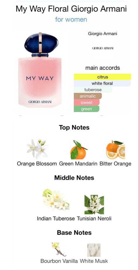 My Way Perfume Notes, White Floral Perfumes, My Way Giorgio Armani, Orange Blossom Perfume, Orange Perfume, Diy Perfume Recipes, Citrus Perfume, Perfume Notes, Blossom Perfume