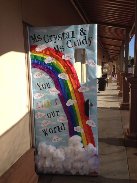 Cloud Door Decorations Classroom, Rainbow Theme Classroom Door Decorations, Rainbow School Door, Classroom Door Ideas Rainbow, Rainbow Door Classroom, Rainbow Door Decor, Classroom Door Rainbow, Pride Door Decorating, Rainbow Door Decoration