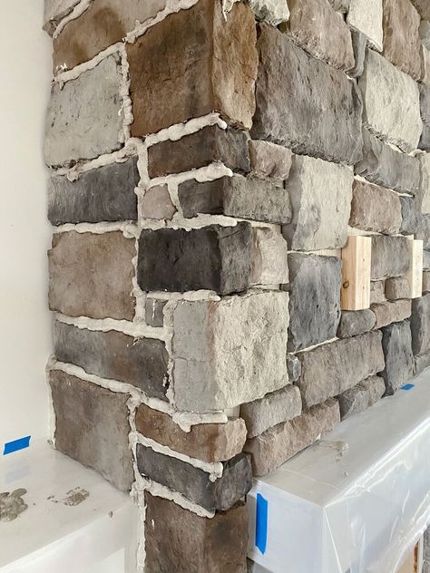 How-To: Overgrouting a Stone Fireplace — Little Reesor House Slurry Stone Fireplace, Stone Veneer Fireplace Diy, Overgrouting A Fireplace, Diy Stone Veneer Fireplace, Old Stone Fireplace Makeover, Over Grouted Stone Fireplace, Overgrouted Stone, Overgrouted Stone Fireplace, German Schmear Stone Fireplace