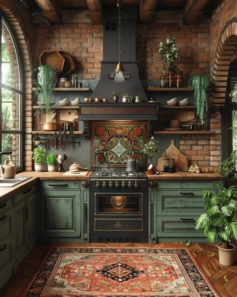 Cool Unique Houses, Farmcore Aesthetic House, Realistic Home Decor Ideas, Middle Earth Kitchen, Curved Kitchen Countertops, Kitchens Open To Living Room, Kitchen Interior Design Green, Witch Interior Decor, Kitchens With Green Tiles