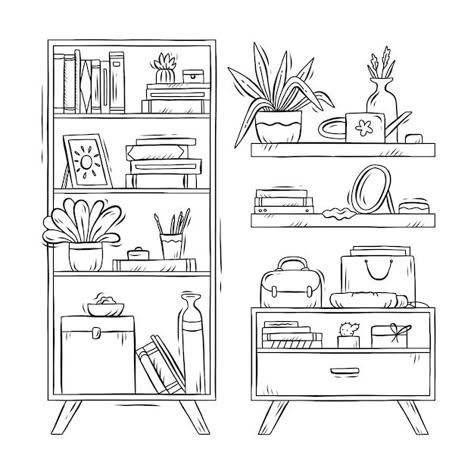 Books On Shelf Doodle, How To Draw Bookshelf, Bookshelf Doodle, Shelf Sketch, Shelves Illustration, Bookshelf Illustration, Draw Furniture, Shelf Drawing, Desain Pantry