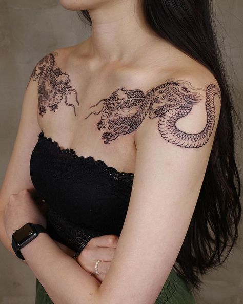 Chinese Dragon Chest Tattoo, Double Headed Dragon Tattoo, Lion Rampant Tattoo, Double Dragon Back Tattoo, Dragon Tattoo For Women Chest, Chest Tattoo Female Dragon, Chest Tattoo Dragon, Chest Dragon Tattoo, Dragon Chest Tattoo Female