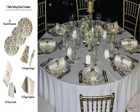 Gold Placemats Table Setting Wedding, Bling Table Setting, Banquet Table Setting, Gold Wedding Reception Tables, Table Setting Etiquette, White Table Setting, Gold Place Setting, Wedding Placemats, Gold Table Setting