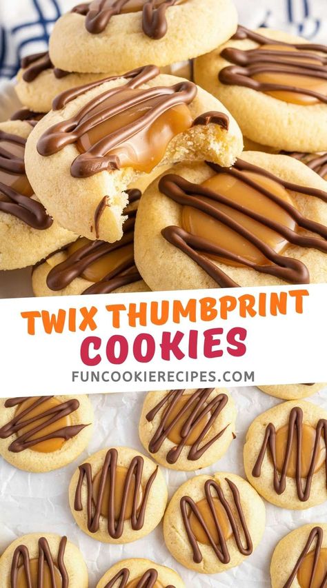 Werthers Caramel Thumbprint Cookies, Thumbprint Caramel Cookies, Thumbprint Cookies With Caramel, Caramel Topped Cookies, Chocolate Thumbprint With Carmel, Caramel Thumbprint Cookies Recipe, Twix Shortbread Cookies, Chocolate Caramel Thumbprint Cookies, Twix Thumbprint Cookies Recipes