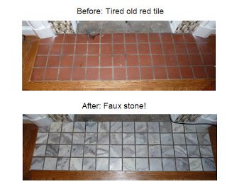 Painted fireplace mantel tiles - they look like stone! Painted Fireplace Mantels, Tile Hearth, Red Tile Floor, Red Brick Tiles, Fireplace Hearth Tiles, Painted Fireplace, Hearth Tiles, Red Brick Fireplaces, Tv Over Fireplace